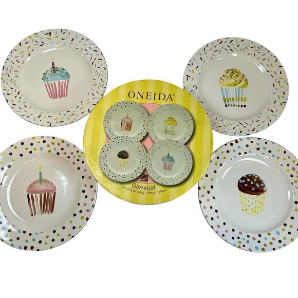 Oneida Set of 4‎ Jennifer Sosik Stoneware Cupcake SALAD/DESSERT PLATES NIB READ - Picture 2 of 10